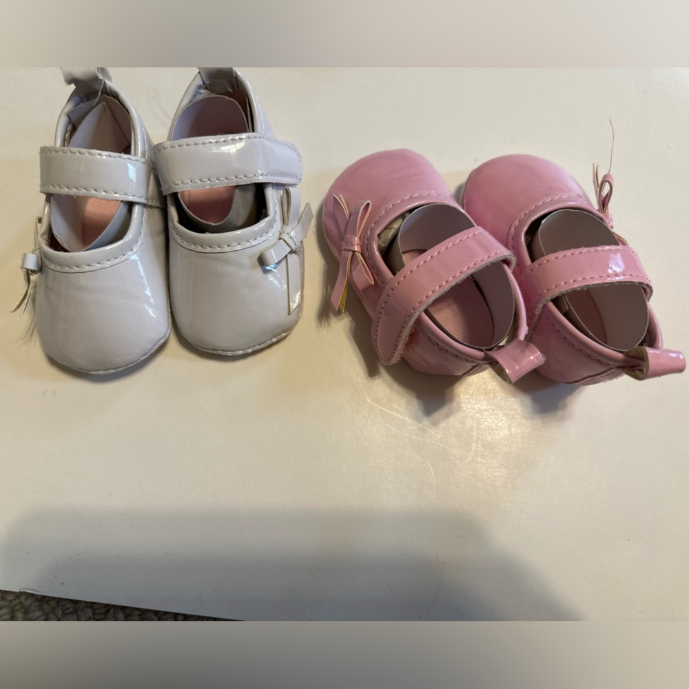 2 PAIRS PINK WHITE PATENT LEATHER VELCRO CLOSURE DRESS SIZE 1 CRIB SHOES